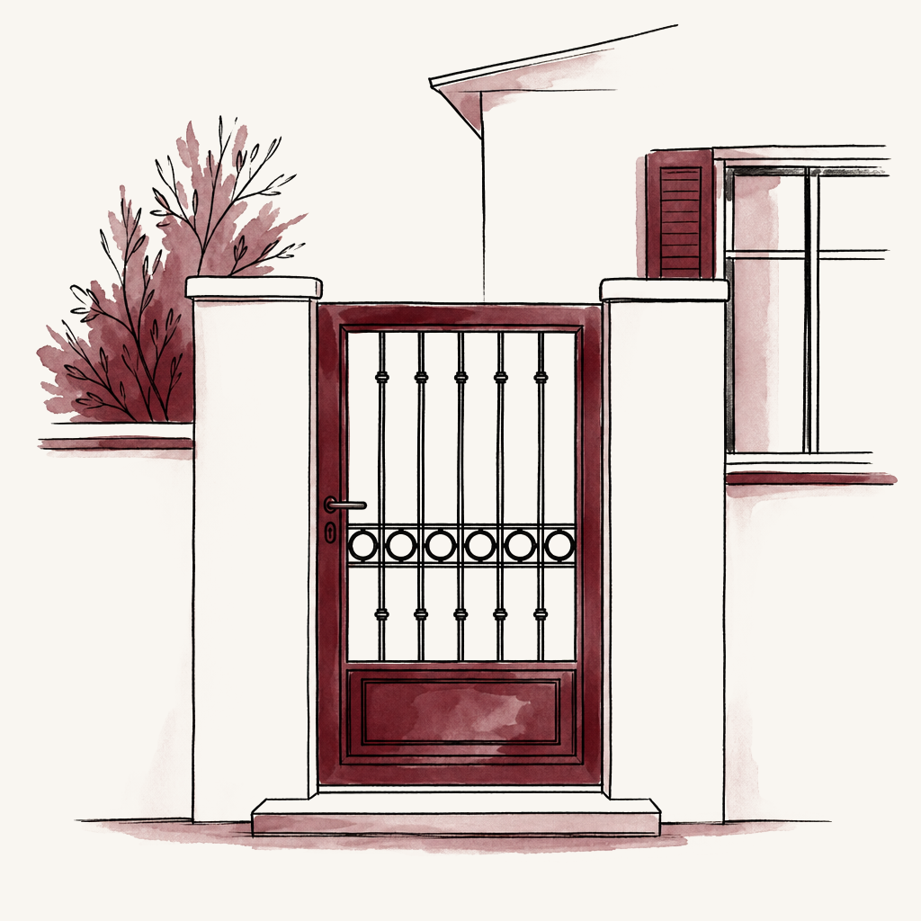 Illustrazione di un cancello in ferro bordeaux in un ingresso esterno