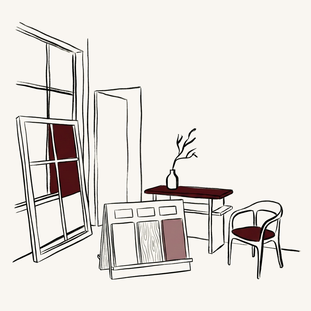 Illustrazione dello showroom con campionature di serramenti e finiture