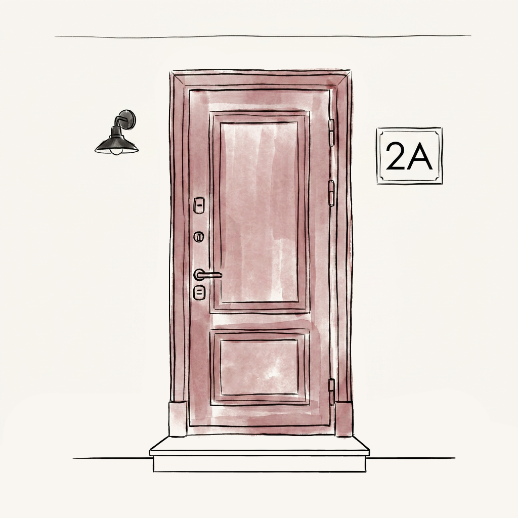 Illustrazione di una porta blindata bordeaux con numero civico
