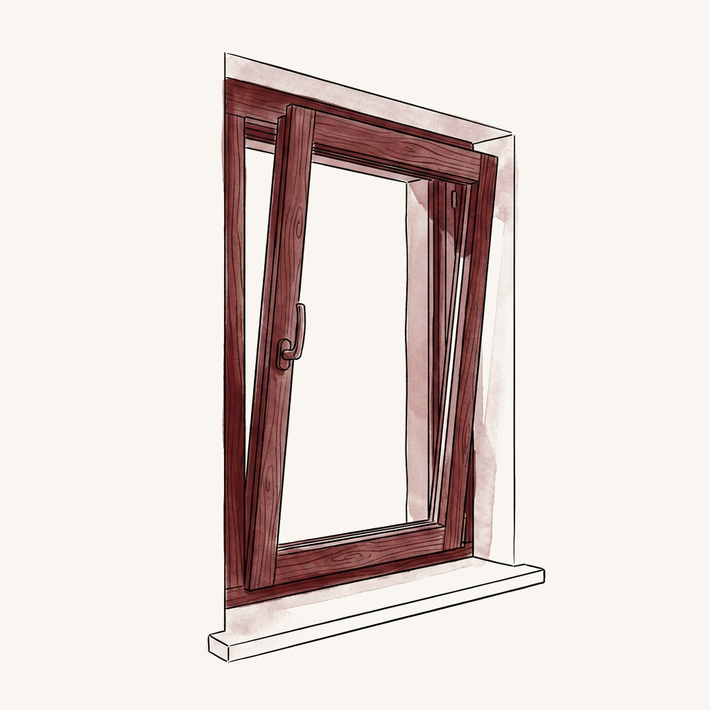 Illustrazione di una finestra in legno aperta con dettagli bordeaux