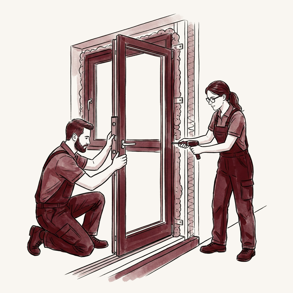 Illustrazione di operai durante la posa in opera di un serramento